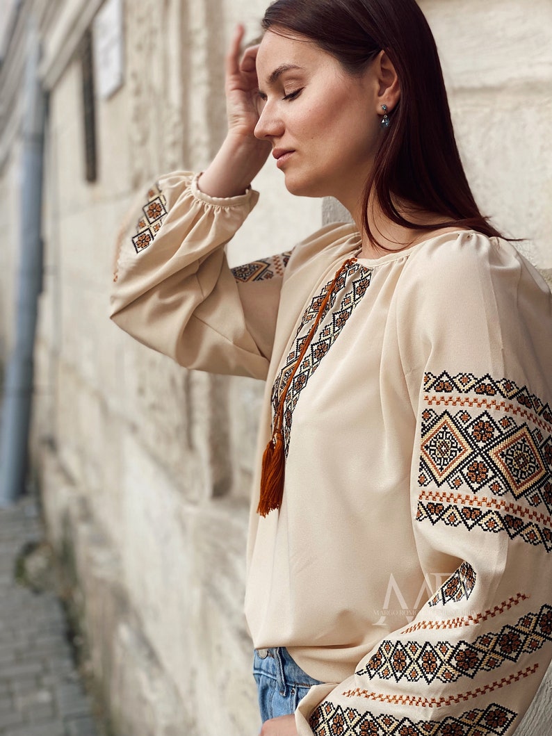 Traditional embroidery blouse with ornament Embroidery chiffon shirt for women Ukrainian ethnic vyshyvanka blouse image 4