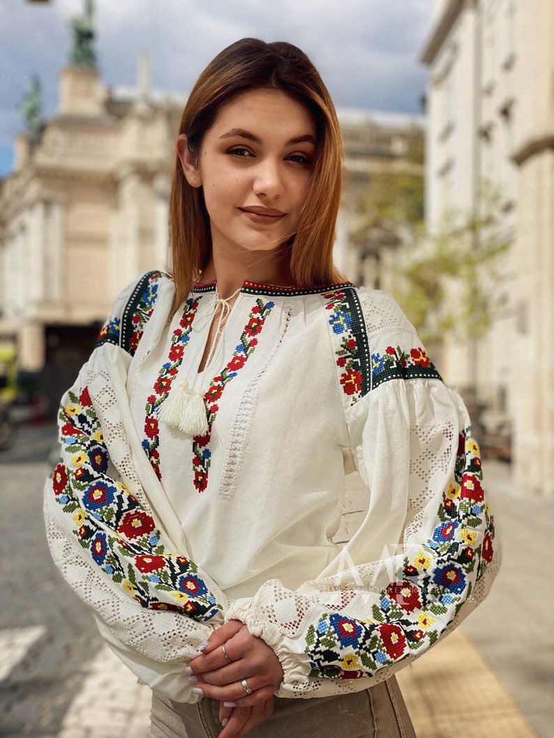 White floral blouse Ukrainian embroidered shirt with flowers Vyshyvanka top with traditional flower embroidery image 3