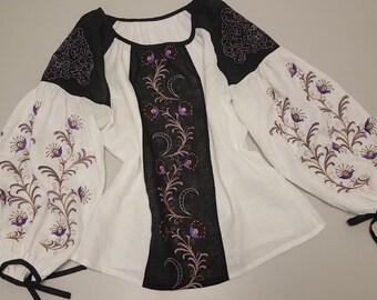 Satin stitch natural linen flower vyshyvanka blouse Ukrainian folk outfit