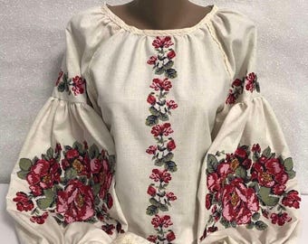 Natural Linen Embroidered Shirt, Boho Style Vyshyvanka with Floral Ornament, Traditional Ukrainian Floral Linen Blouse with Long Puff Sleeve