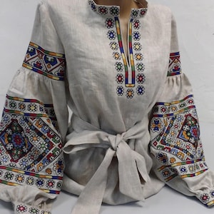 Cross stitched natural linen flower vyshyvanka blouse Ukrainian ethnic folk shirt