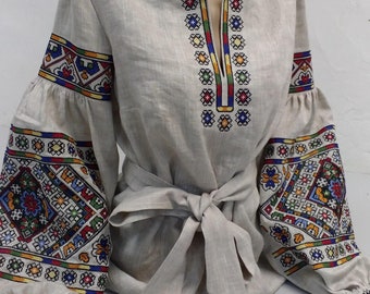 Cross stitched natural linen flower vyshyvanka blouse Ukrainian ethnic folk shirt
