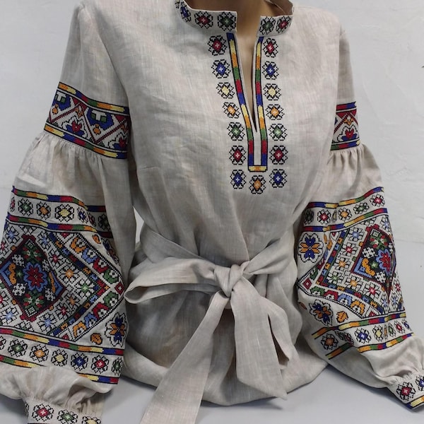 Cross stitched natural linen flower vyshyvanka blouse Ukrainian ethnic folk shirt