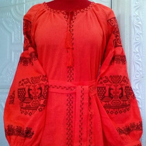 Scarlet Boho Woman Dress Linen Red Dress With Birds Ukrainian - Etsy