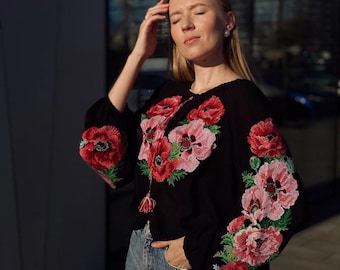 Black Floral Ukrainian Vyshyvanka, Embroidered Blouse, Chiffon Shirt with Poppies,  Ethnic Embroidered Peasant Shirt, Christmas Gift for Mom