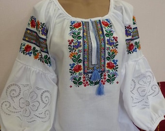 White embroidered blouse with puff sleeves Floral embroidery cotton shirt Ukrainian vyshyvanka with folk embroidery