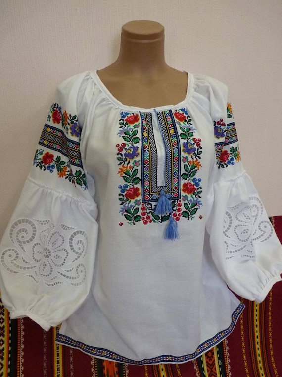 White embroidered blouse with puff sleeves Floral embroidery cotton shirt Ukrainian vyshyvanka with folk embroidery