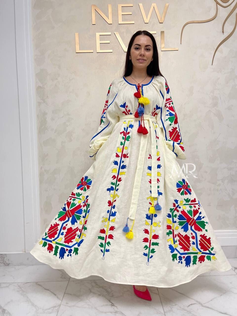 Linen Maxi Dress with Colorful Floral Embroidery, Ukrainian Vyshyvanka Dress with Pockets, Cream Long Linen Dress, Traditional Easter Dress