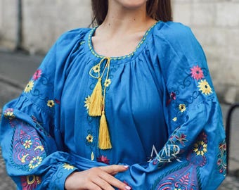 Blue Linen Boho Maxi Dress, Ukrainian Vyshyvanka Dress with Floral Embroidery, Traditional Easter Dress with Puff Sleeve, Gift for Mom