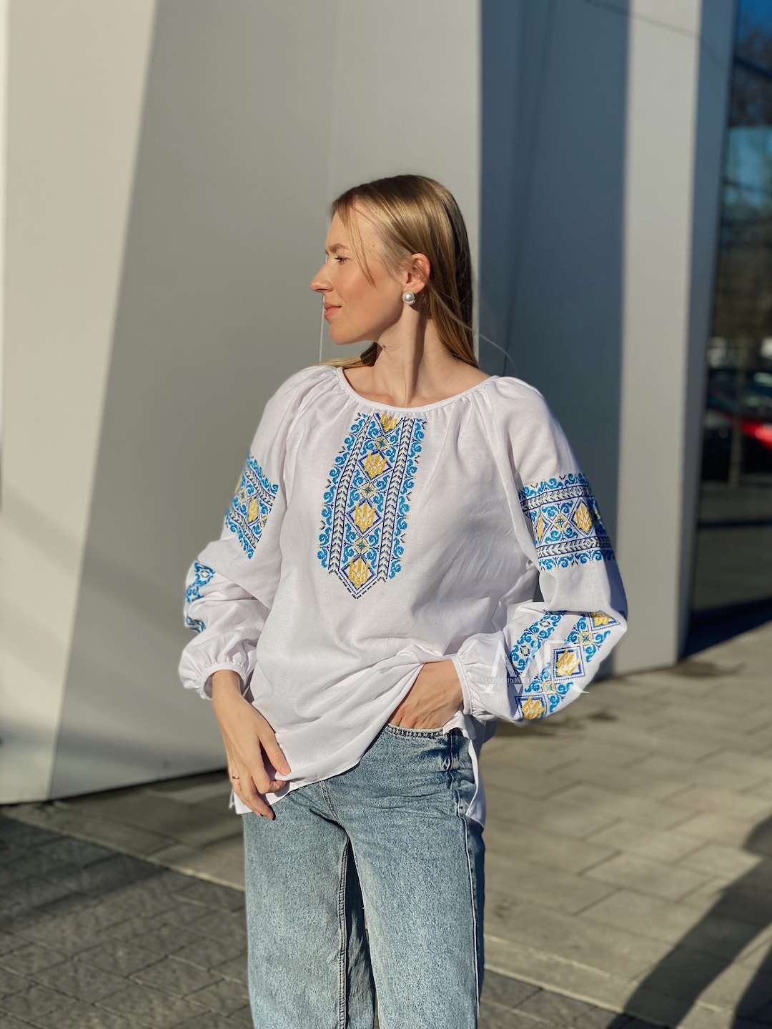 Traditional Machine Embroidery Blouse. Ornament Embroidery. Homespun