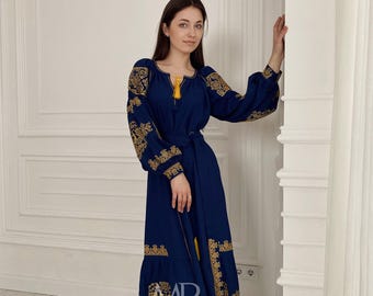 Royal Blue Embroidered Ukrainian Dress with Birds, Linen Long Boho Dress, Ukrainian Traditional Vyshyvanka Dress, Etnic Embroidered Dress