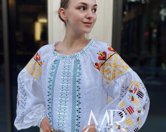 Bright Vyshyvanka blouse Ukrainian Embroidered blouse Geometric Top Linen shirt for women Ukrainian style Ethnic blouse Folk style