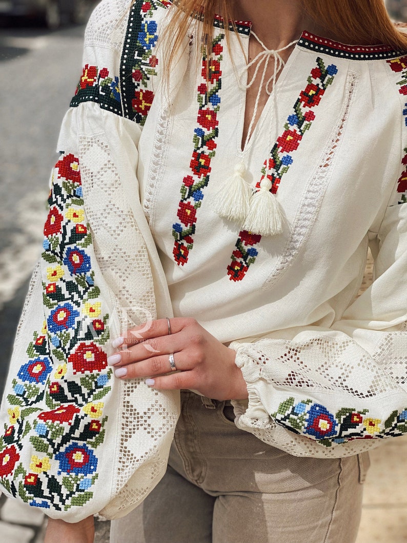 White floral blouse Ukrainian embroidered shirt with flowers Vyshyvanka top with traditional flower embroidery image 5