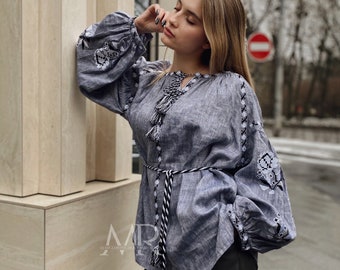 Blue embroidered blouse with floral ornament Ukrainian vyshyvanka shirt for women Ethnic peasant shirt on linen cloth