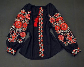 Black Embroidered Blouse, Ukrainian Vyshyvanka for Women, Ukrainian Embroidery, Ethnic Blouse with Flowers, Boho Vyshyvanka Blouse
