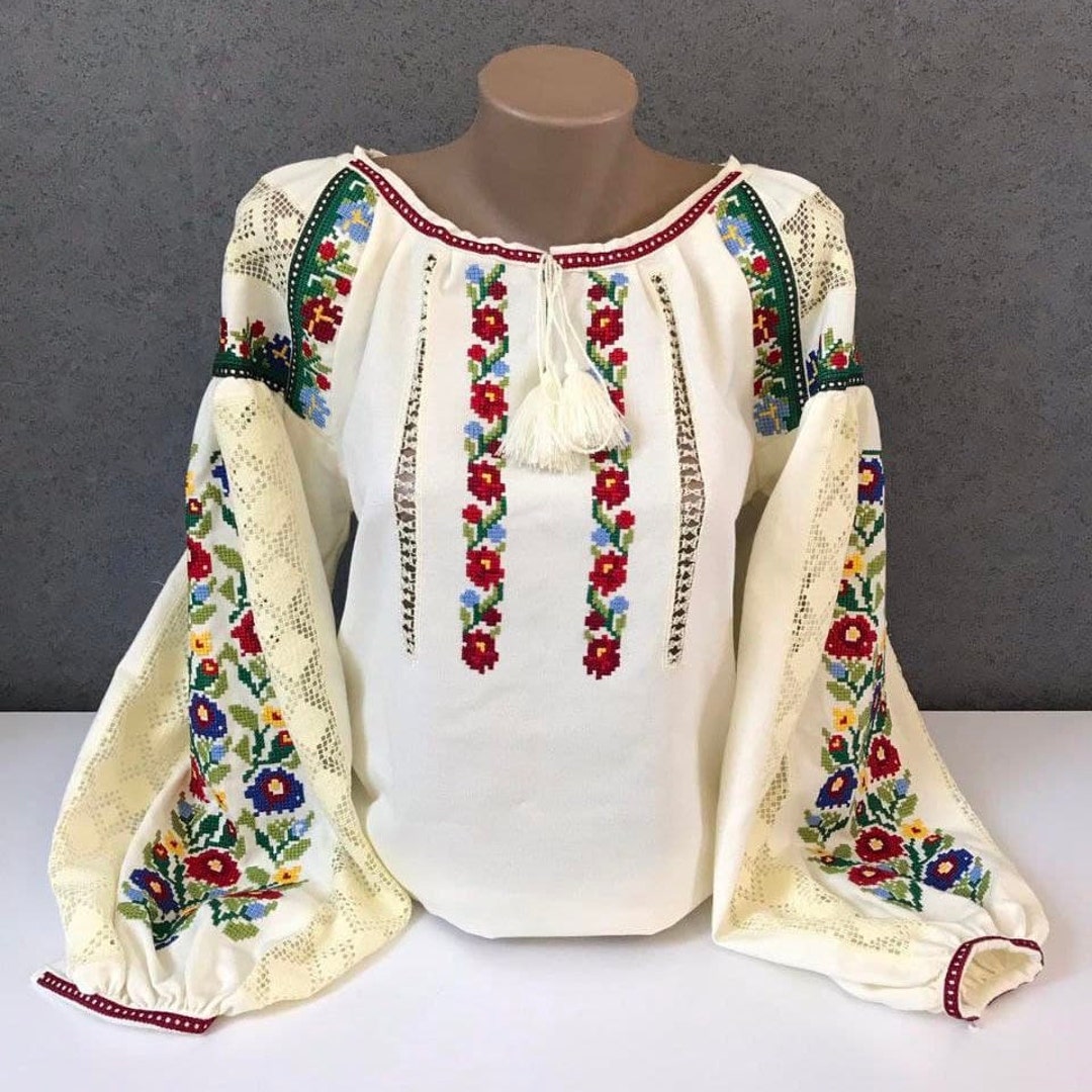 White Cotton Blouse With Cross Stitch and Loin Embroidery Folk Style ...