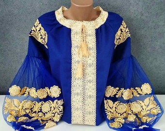 Blue embroidered blouse Golden embroidery Holiday shirt with fatin sleeves