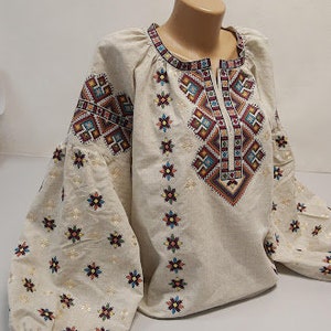 Natural linen cross stitched flower vyshyvanka  blouse Ukrainian ethnic folk shirt