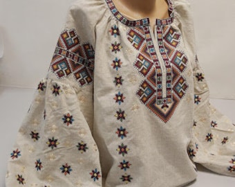 Natural linen cross stitched flower vyshyvanka  blouse Ukrainian ethnic folk shirt