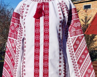 White Homespun Cloth Blouse with Cross Stitch Embroidery, Embroidered Ukrainian Vyshyvanka for Women, Traditional Boho Blouse