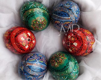 Hand Painted Wooden Pysanka Eggs, Traditional Ukrainian Folk Decor Set