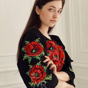 Black Linen Vyshyvanka Dress, Embroidered Red Poppies, Ethnic Floral Midi