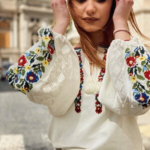 White floral blouse Ukrainian embroidered shirt with flowers Vyshyvanka top with traditional flower embroidery image 4