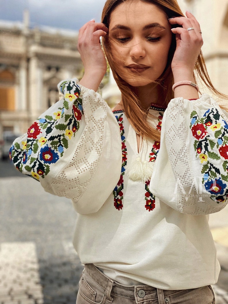 White floral blouse Ukrainian embroidered shirt with flowers Vyshyvanka top with traditional flower embroidery image 4