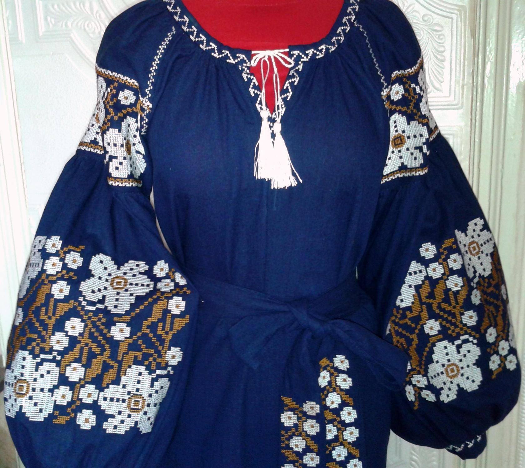 Blue Ukrainian Vyshyvanka Embroidered Linen Maxi Dress Floral - Etsy