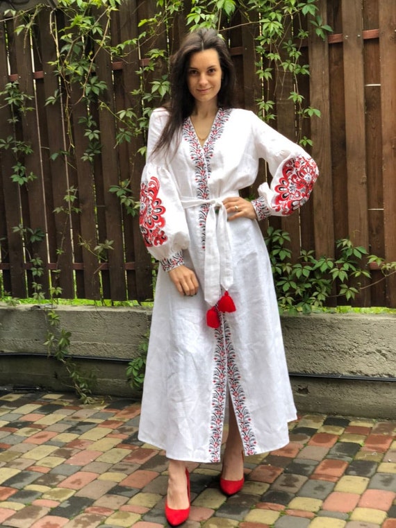 white embroidered boho dress White boho wedding dress Embroidered linen resort clothing XL / Midi