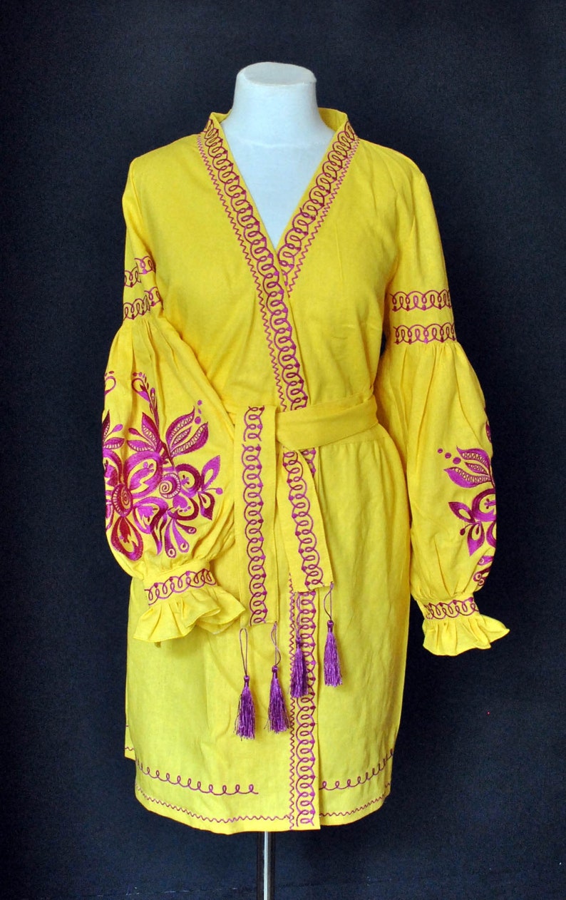 Bright Yellow Boho Women Dress Linen Dress Pink Pattern - Etsy