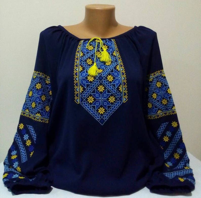 Embroidered dark blue blouse Ornament on embroidery Homespun cloth shirt for women Ukrainian vyshyvanka Ukrainian style Ethnic image 3