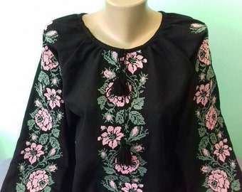 Black embroidered rose blouse Ukrainian blouse for women's Flowered Embroidery Vyshyvanka blouse Ukrainian Style Ethnic clothes