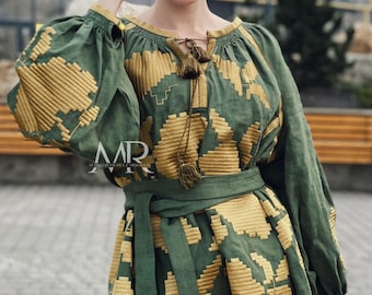 Ukrainian Natural Linen Dress, Pale Green Ethnic Dress, Traditional Vyshyvanka Embroidered Long Dress, Unique Gift from Ukraine
