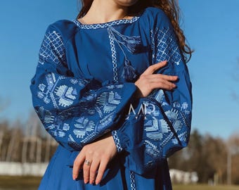Blue Embroidered Ukrainian Dress, Linen Boho Dress with Satin Stitch Embroidery, Vyshyvanka Maxi Dress, Ethnic Floral Long Dress