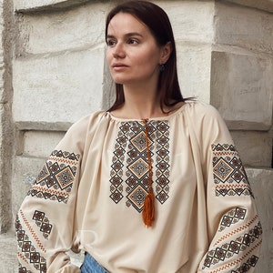 Traditional embroidery blouse with ornament Embroidery chiffon shirt for women Ukrainian ethnic vyshyvanka blouse image 2