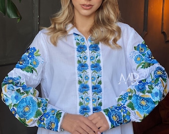 Ukrainian Embroidered Linen Blouse, Floral Vyshyvanka Shirt