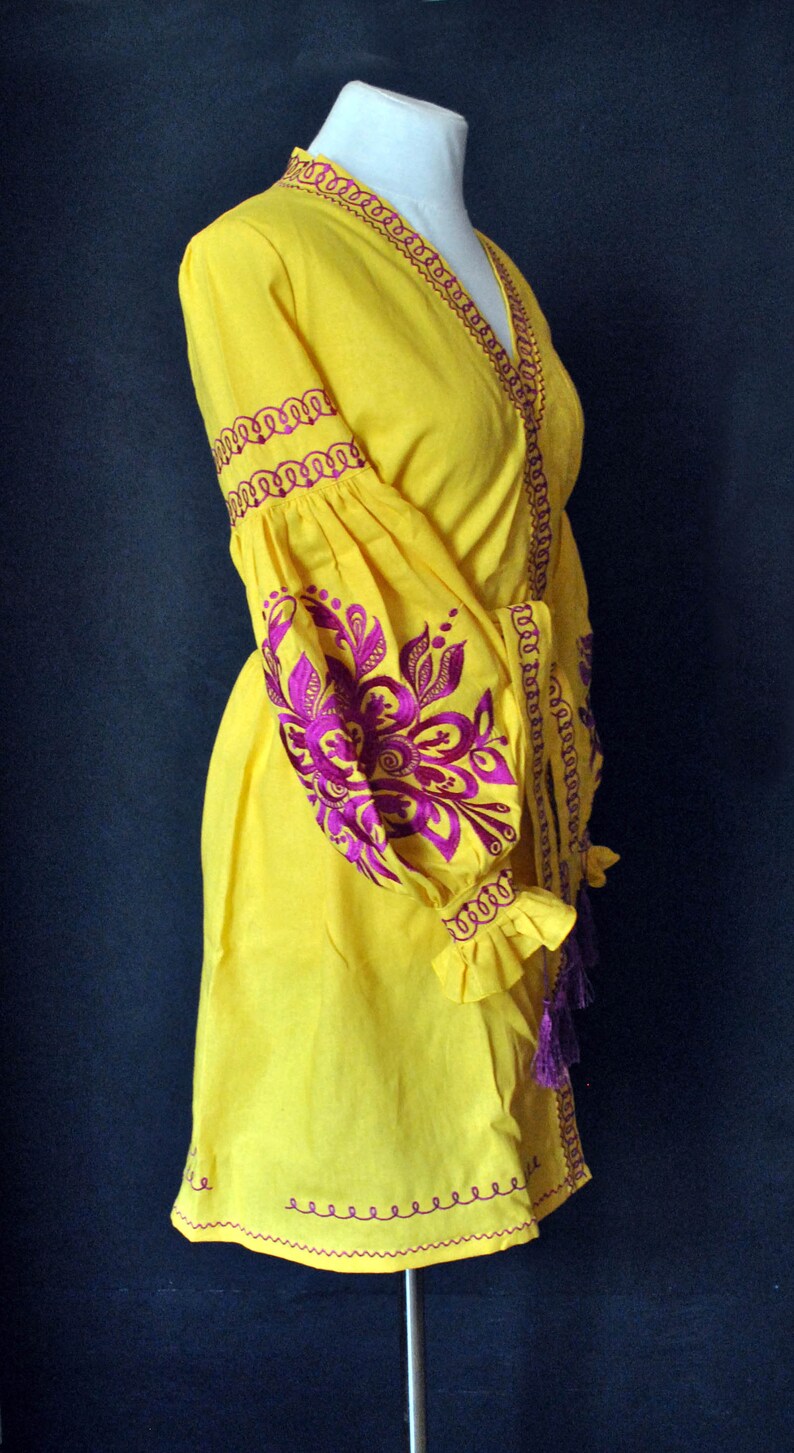 Bright Yellow Boho Women Dress Linen Dress Pink Pattern - Etsy