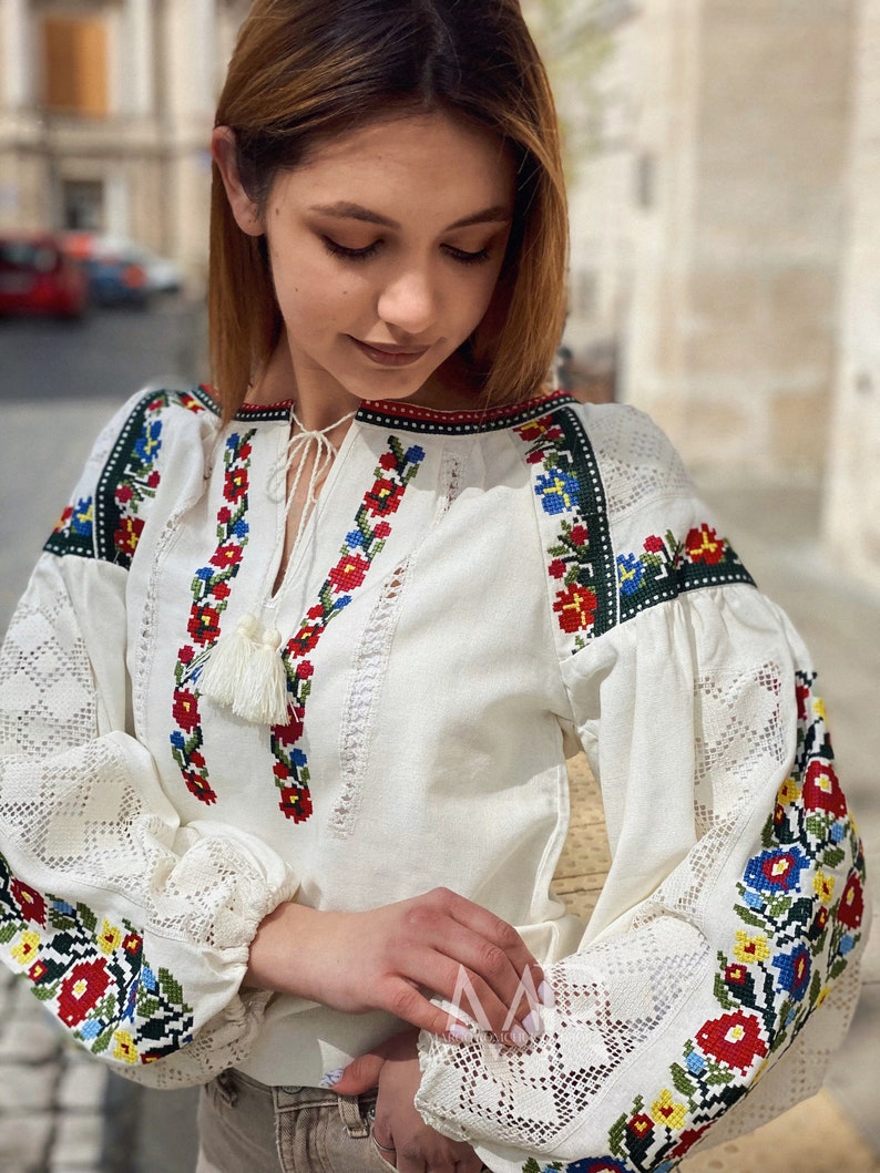 White floral blouse Ukrainian embroidered shirt with flowers Vyshyvanka top with traditional flower embroidery image 6