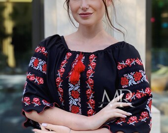 Chiffon Vyshyvanka Blouse for Women, Black Embroidered Blouse with Red Pattern, Ukrainian Vyshyvanka Traditional Floral Design