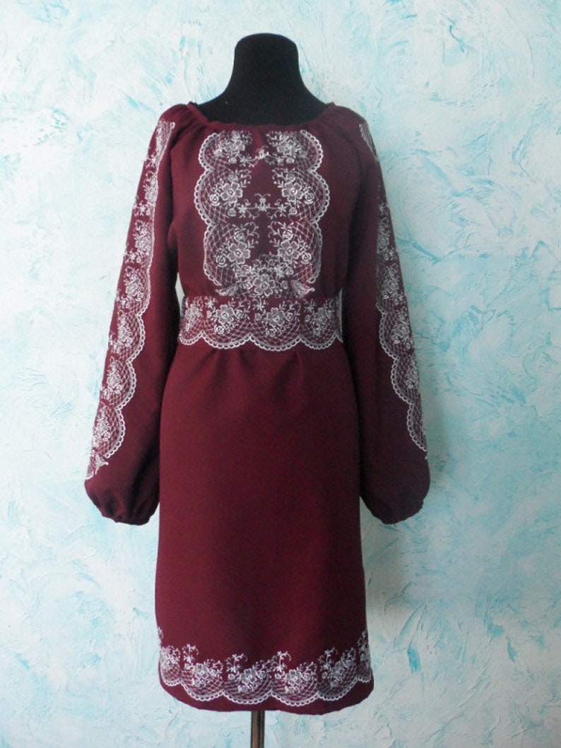 Wine Red Embroidered Dress Lacy Embroidered Pattern Casual Etsy