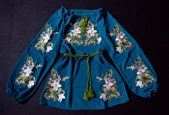 Boho blue chiffon embroidered blouse Ukrainian vyshyvanka ethnic clothing embroidery with lilies