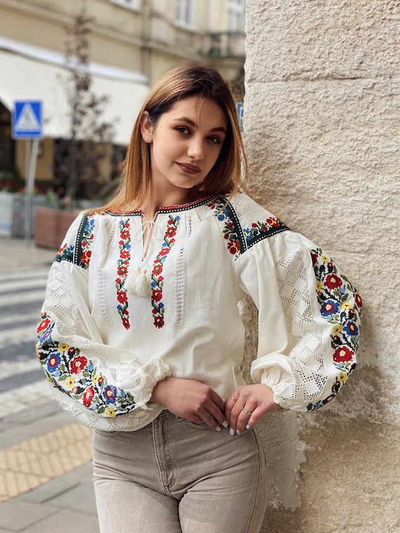 Cream Embroidered Floral Blouse, Ukrainian Vyshyvanka Top With