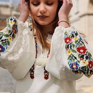 White floral blouse Ukrainian embroidered shirt with flowers Vyshyvanka top with traditional flower embroidery image 7