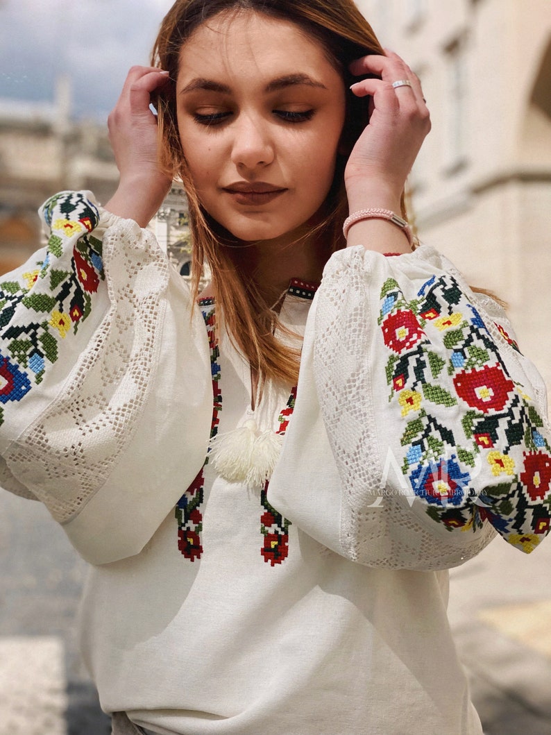 White floral blouse Ukrainian embroidered shirt with flowers Vyshyvanka top with traditional flower embroidery image 7