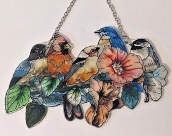 Stained Glass 5 Birds on a Branch Suncatcher Approx 7.25 x 4.5" Wall Hanging