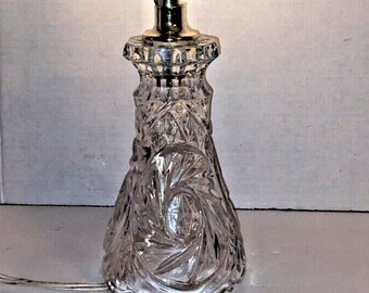 Vintage Etched Cut Crystal Glass Table Lamp 10.5" Tall Mid Century