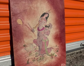 Pintura antigua de abrazo persa sobre piel de cabra teñida, 17 x 24 pulgadas
