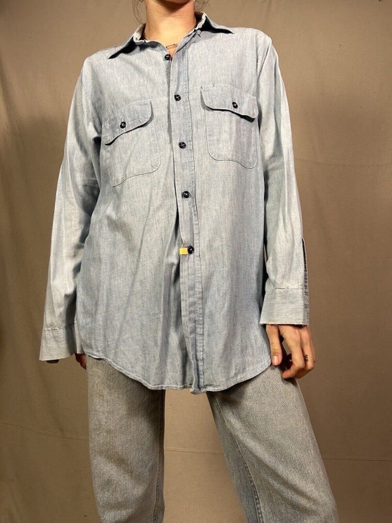 Vintage Blue Chambray Work Shirt Distressed Workwe