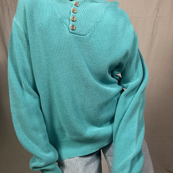 Vintage Eddie Bauer Mens Medium Faded Cotton Knit Pullover Henley Sweater Teal